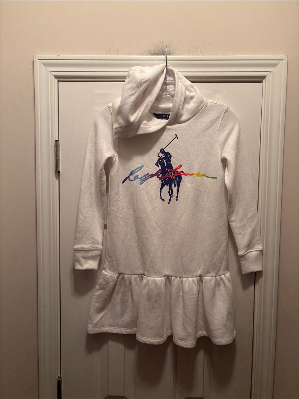 NWOT Ralph Lauren White Girls Polo Pony Hoodie Dress with Rainbow Script
